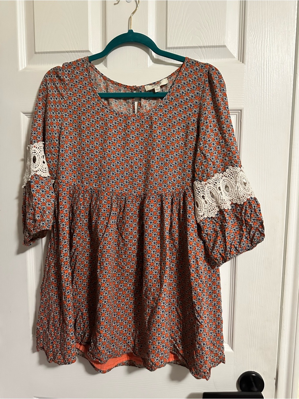 Umgee Boho Peasant Mini A-line Dress Size Large Blue & Orange Geometric - Picture 2 of 8